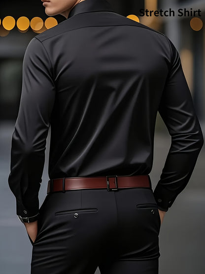Men's Slim Fit Muscle Shirt - Stretch Polyester Blend Long Sleeve for Body Contouring | Glossy Solid Color Workout & Casual Shirt | Spring/Fall Gym-to-Street Wear (Hand Wash)