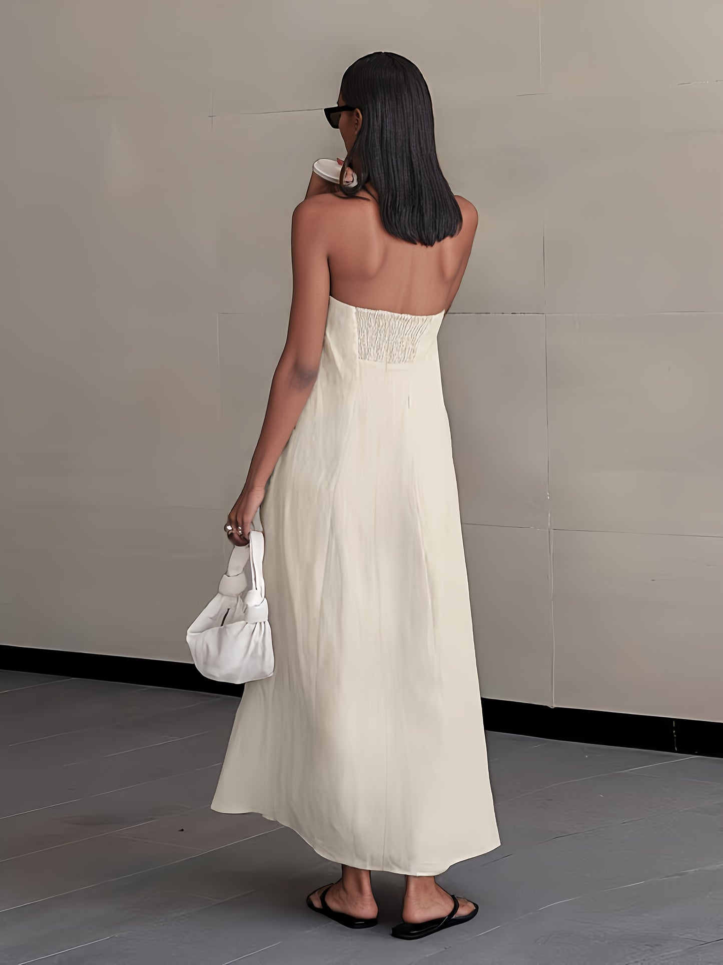 [Linen Beach Dress] Womens Linen Beach Dress Backless Sleeveless Wrap High Waist A Line Casual Summer Vacation Flowy Sundress Three Colors Light Grey Linen Beige Ivory White