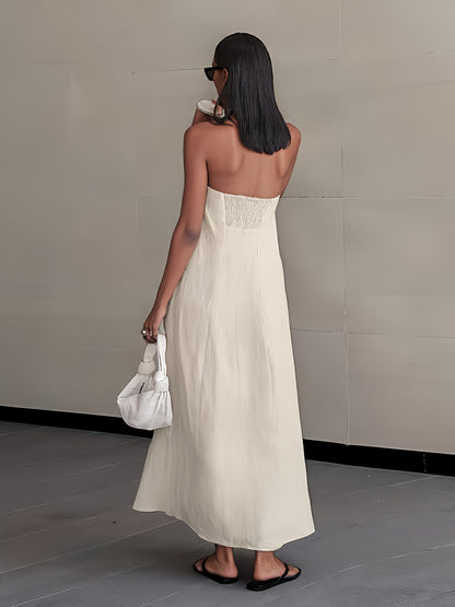 [Linen Beach Dress] Womens Linen Beach Dress Backless Sleeveless Wrap High Waist A Line Casual Summer Vacation Flowy Sundress Three Colors Light Grey Linen Beige Ivory White