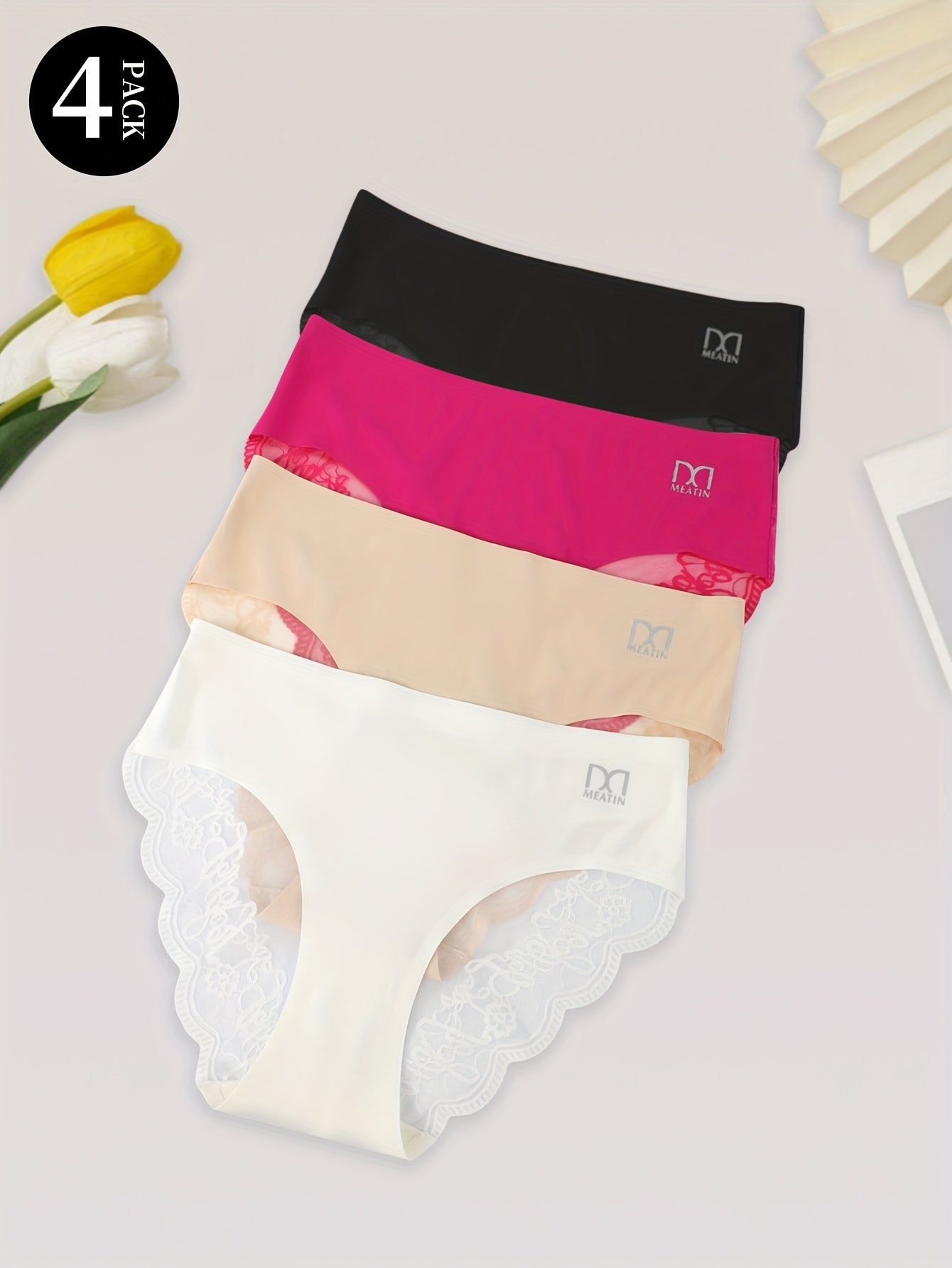 4pcs Women's Comfy Chic Semi-Sheer Lace Briefs - Low-Rise Soft Stretch Underwear, Scallop Trim & Breathable Moisture-Wicking Panties, Everyday Lingerie Essentials (4pcs) - & Elegant Briefs Suitable for Casual Attire & Special Occasions