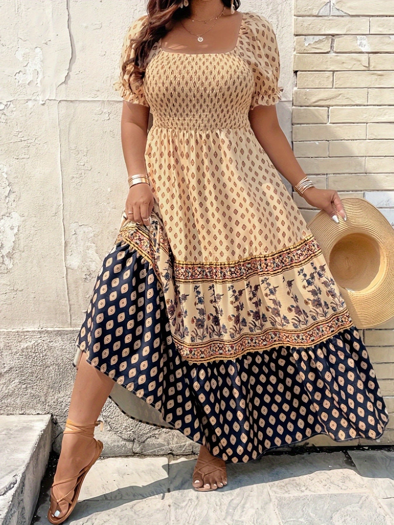 Plus Size - 1pc Spring Summer Mother'S Day Plus Size Women Elegant Bohemian Maxi Dress - Square Neck Puff Sleeve Smocked Bodice Floral Geometric Print Tiered Long Skirt Sophisticated Graceful Style For Vacation Beach Party Wear