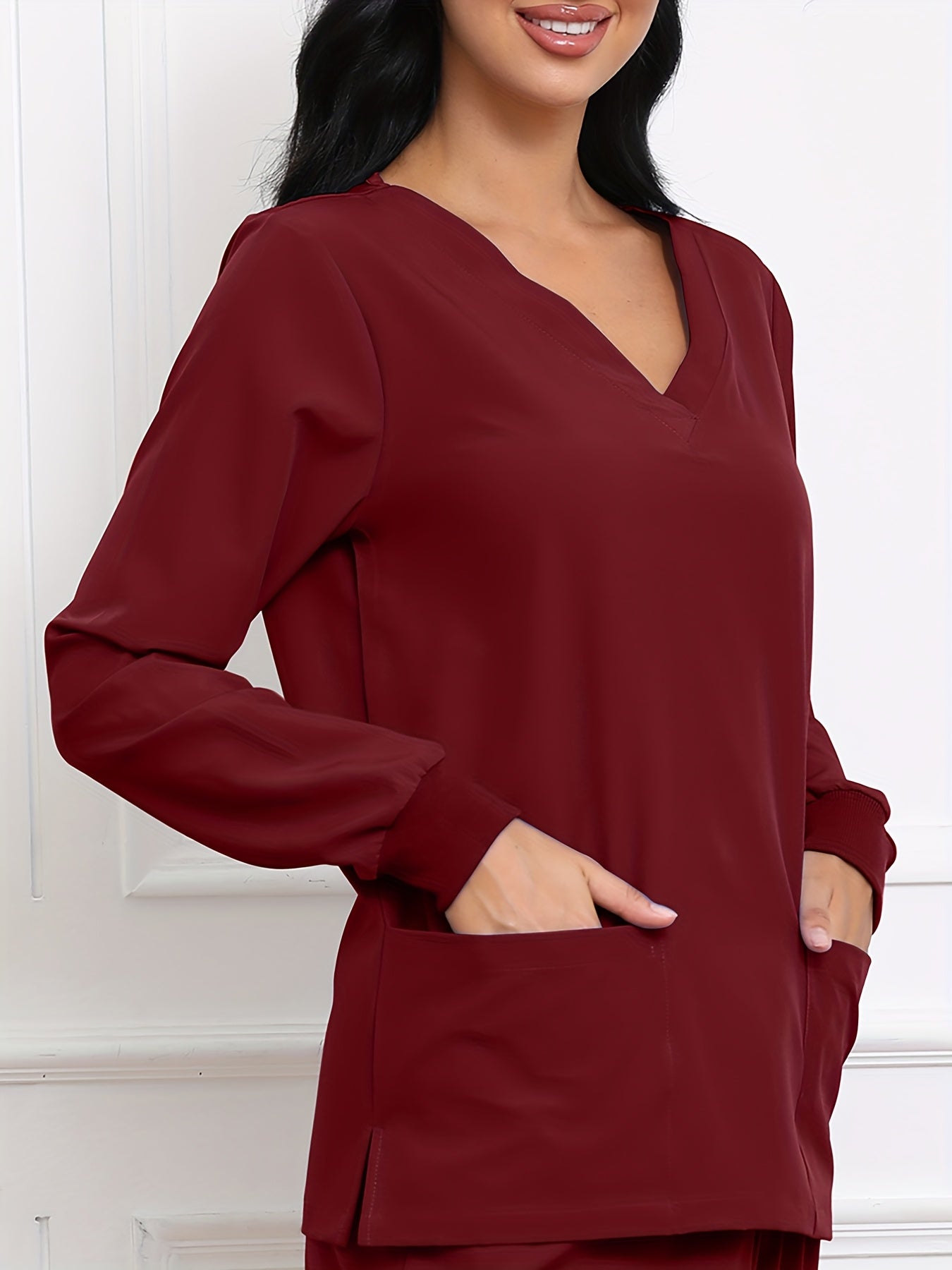 Women's V-Neck Long Sleeve Matte Breathable S Uniform Pockets Wash Clothes Work Shirt Scrubbing Top