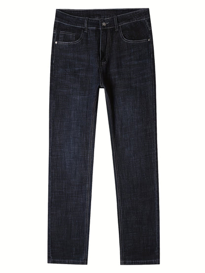 Men's High-Stretch Straight-Leg Business Casual Jeans - Premium Water-Washed Denim, Regular Fit Light Blue with Red Stitching, Autumn/Winter Formal & Casual Attire