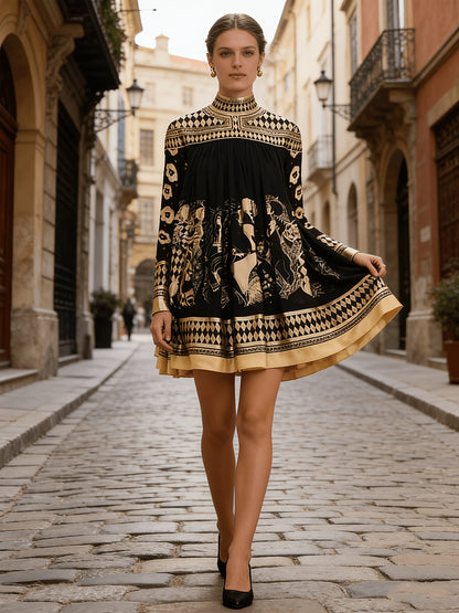 [Casual Stylish Retro] Women's Bronze Ethnic Print Stand Collar Long-Sleeved Short Dress, Casual And Stylish For Office Or Commuting, Retro Party A-Line Skirt