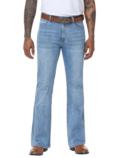 Men's Vintage 70s Retro Bell Bottom Jeans - Wide- Flare Pants with Mid-Stretch Blend, Beltless Suitable for Disco Parties, Night Out & Casual Attire, Machine Washable Mid-Rise Bottoms