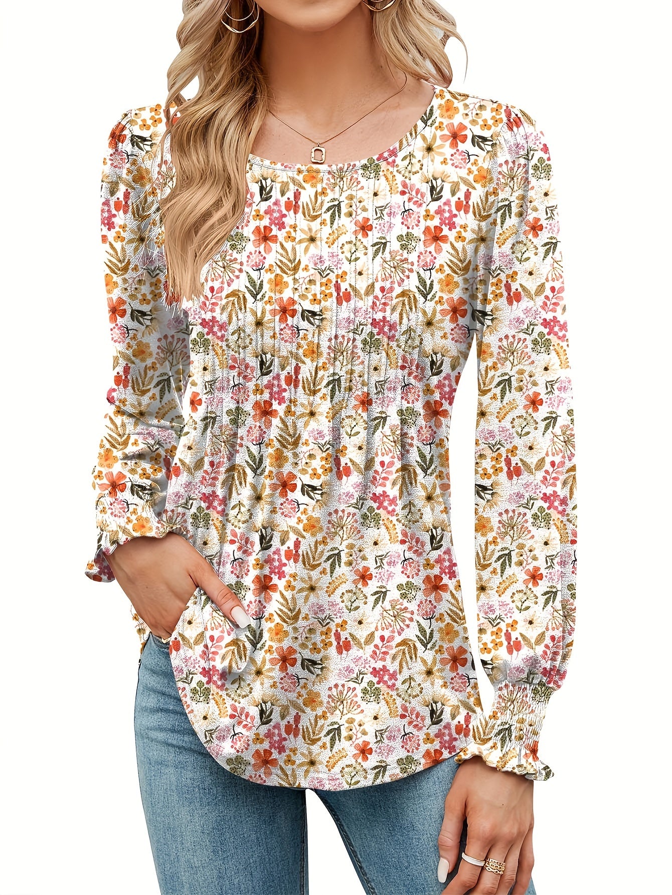 Women's Casual Fall Floral Round Neck Puff Sleeve Tunic Long Sleeve Top Pleated Loose And Versatile T-Shirt