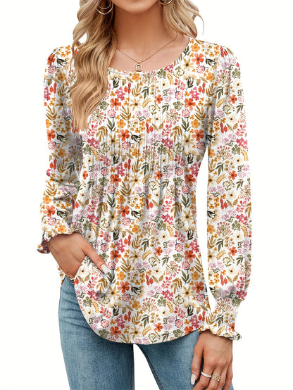 Women's Casual Fall Floral Round Neck Puff Sleeve Tunic Long Sleeve Top Pleated Loose And Versatile T-Shirt