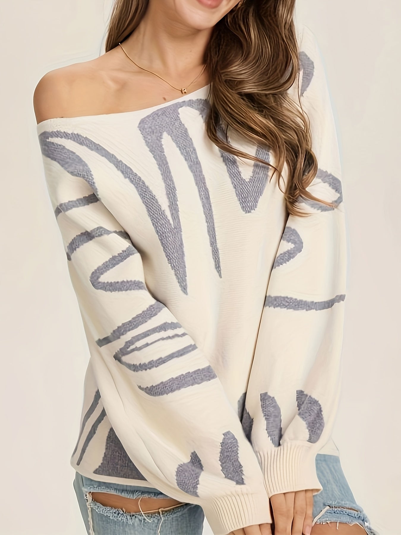 Random Pattern Boat Neck Pullover Sweater, Casual Lantern Sleeve Loose Sweater, Women's Clothing