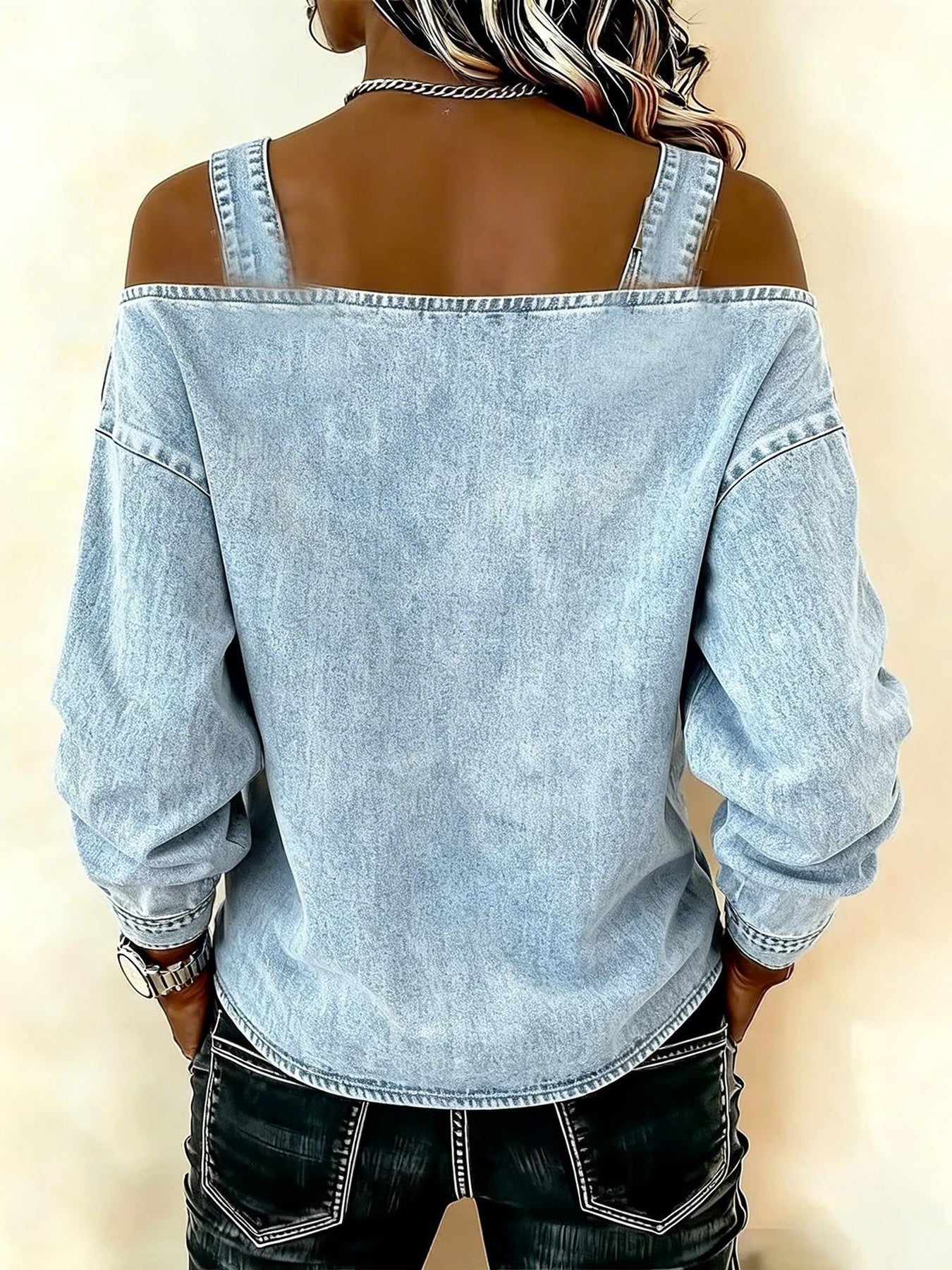 Women's Dress T-shirt with Elegant Style and Versatile Fit, Single-strap Collar, Shoulder Straps, Long-sleeved Top. Fashionable and Elegant for Women, Trendy.