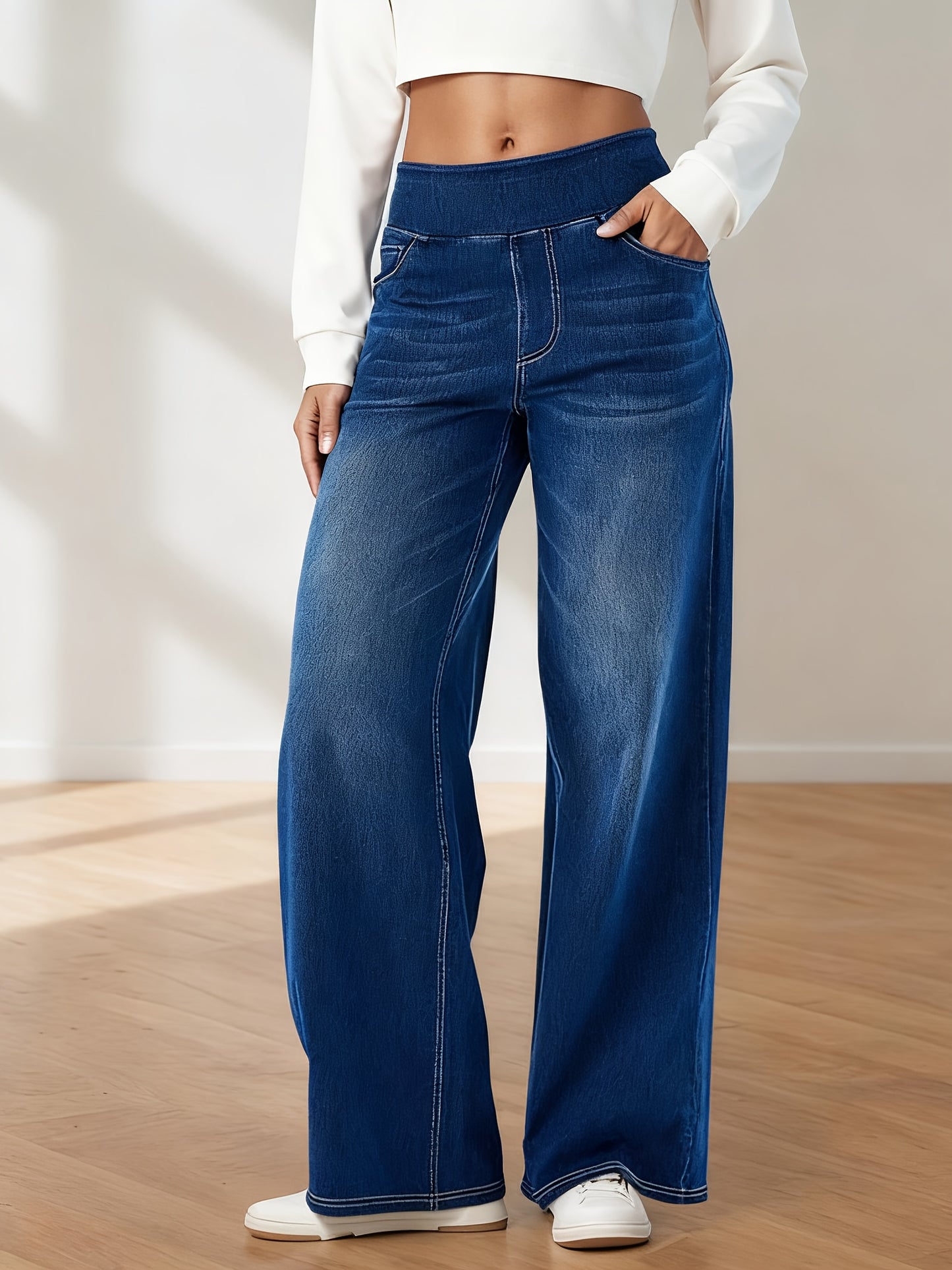 Women's Stretch Waistband Jeans High Waisted Slim Wide-Legged Jeans Loose Straight Leg Pants with Pockets Designed for All Seasons Versatile for Everyday And Formal Wear Machine Washable Women's Trendy Denim Pants for Office Wear Outdoor Jeans