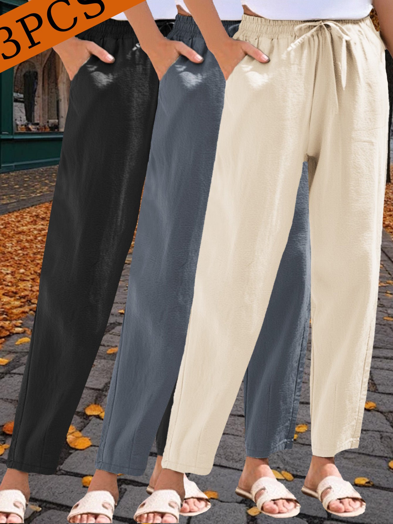 3-Pack Women'S 9/10 Length Casual Trousers, Loose Fit, Solid Color Drawstring Elastic Waist, Comfortable And Versatile for Office, Weekend Strolls, Gatherings, And Beach Vacations
