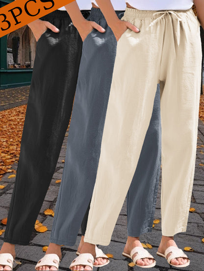 3-Pack Women'S 9/10 Length Casual Trousers, Loose Fit, Solid Color Drawstring Elastic Waist, Comfortable And Versatile for Office, Weekend Strolls, Gatherings, And Beach Vacations