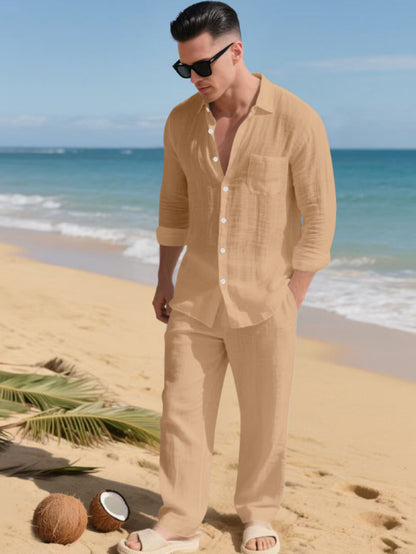 Men's Linen Casual 2pcs Set Breathable Long Sleeve Shirt & Pants Set Semi-Formal Casual Beach Vacation Wear