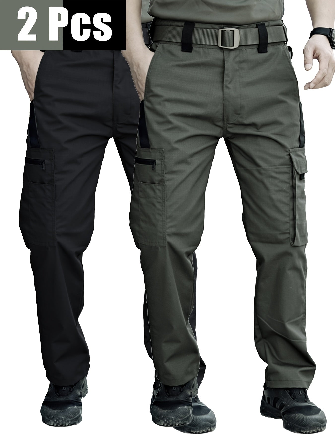 2 Pairs of Men's Tactical Cargo Pants, Outdoor Construction Hiking Multi-pocket Durable Casual Tactical Trousers | Adjustable Waistband | Hiking and Mountaineering Gear (waistband Not Included)
