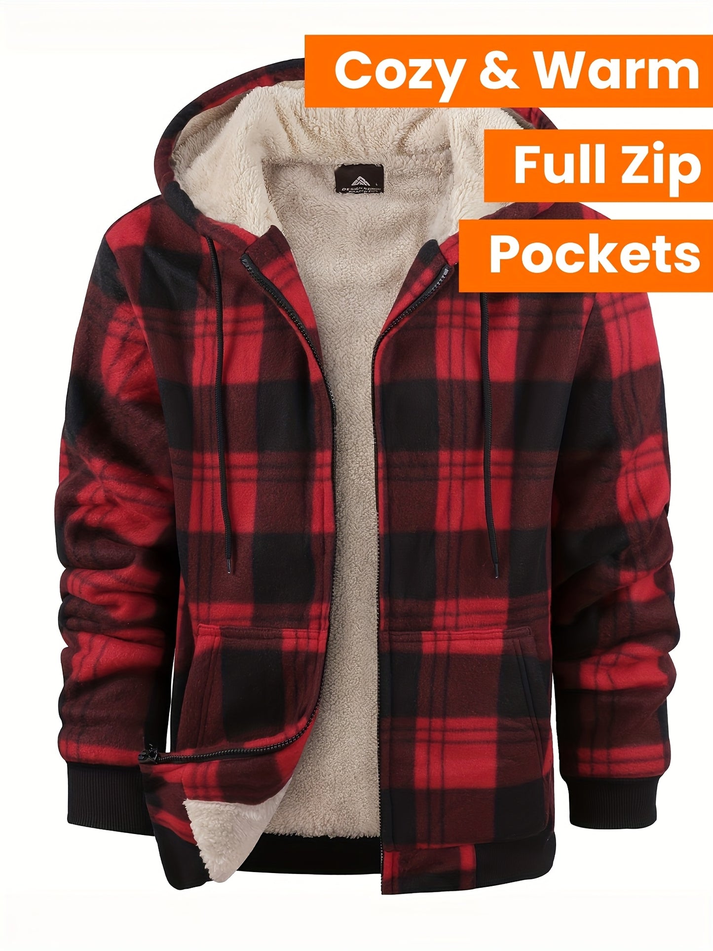 Men's Heavyweight Sweater Hooded Jacket - Full Zip Thick Snow Mountain Lined Flannel Plaid Shirt with Pockets, Casual Style, Perfect for Autumn and Winter, Hooded Collar, Regular Fit, Plaid Pattern, Men's Jacket