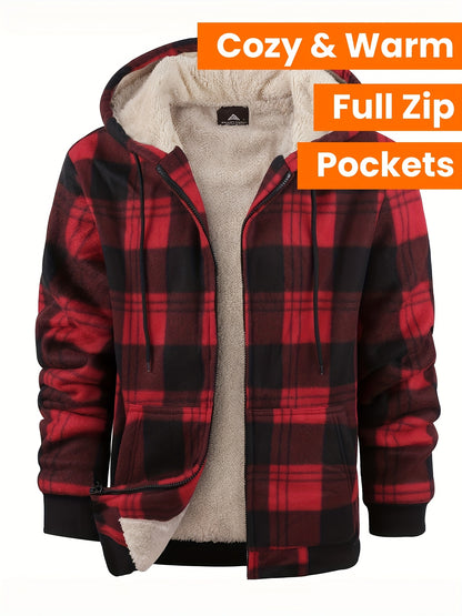 Men's Heavyweight Sweater Hooded Jacket - Full Zip Thick Snow Mountain Lined Flannel Plaid Shirt with Pockets, Casual Style, Perfect for Autumn and Winter, Hooded Collar, Regular Fit, Plaid Pattern, Men's Jacket