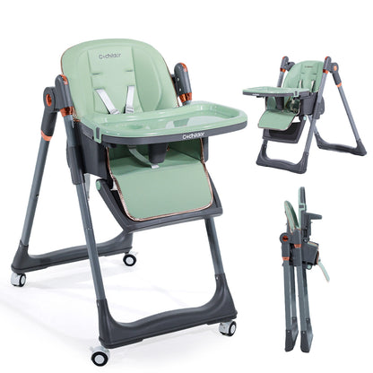 Cochildor Baby High Chair, 3-in-1 Foldable Booster Seat with Adjustable Height, Recliner, 5-Point Safety Harness, Removable Tray, Lockable Wheels, Easy Clean-Colors: Green, White, Black