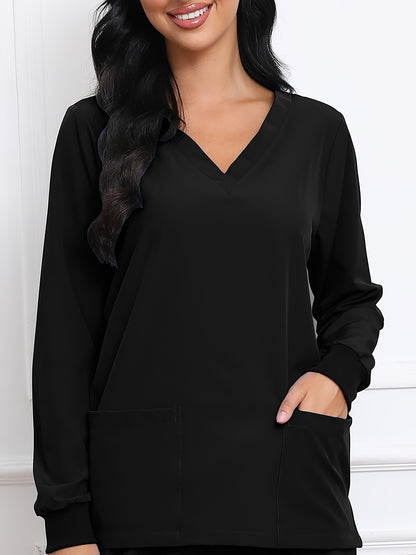 Women's V-Neck Long Sleeve Matte Breathable S Uniform Pockets Wash Clothes Work Shirt Scrubbing Top