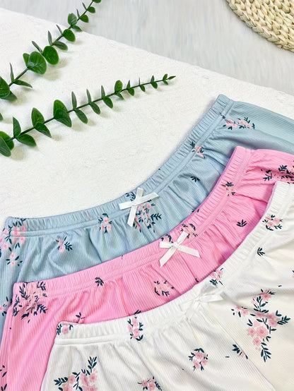 6pcs Floral Print Women's Pajama Set: 3 V-Neck Backless Crop Camisoles And 3 Bow-Accented Shorts, Soft, Comfortable & Breathable, Cool Summer Loungewear for Women's Daily Casual At-Home Wear