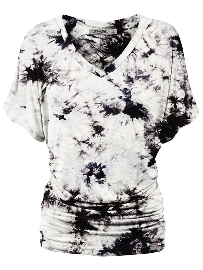 Women's Short Sleeve V Neck Tie-Dye Dolman Top w/Side Shirring
