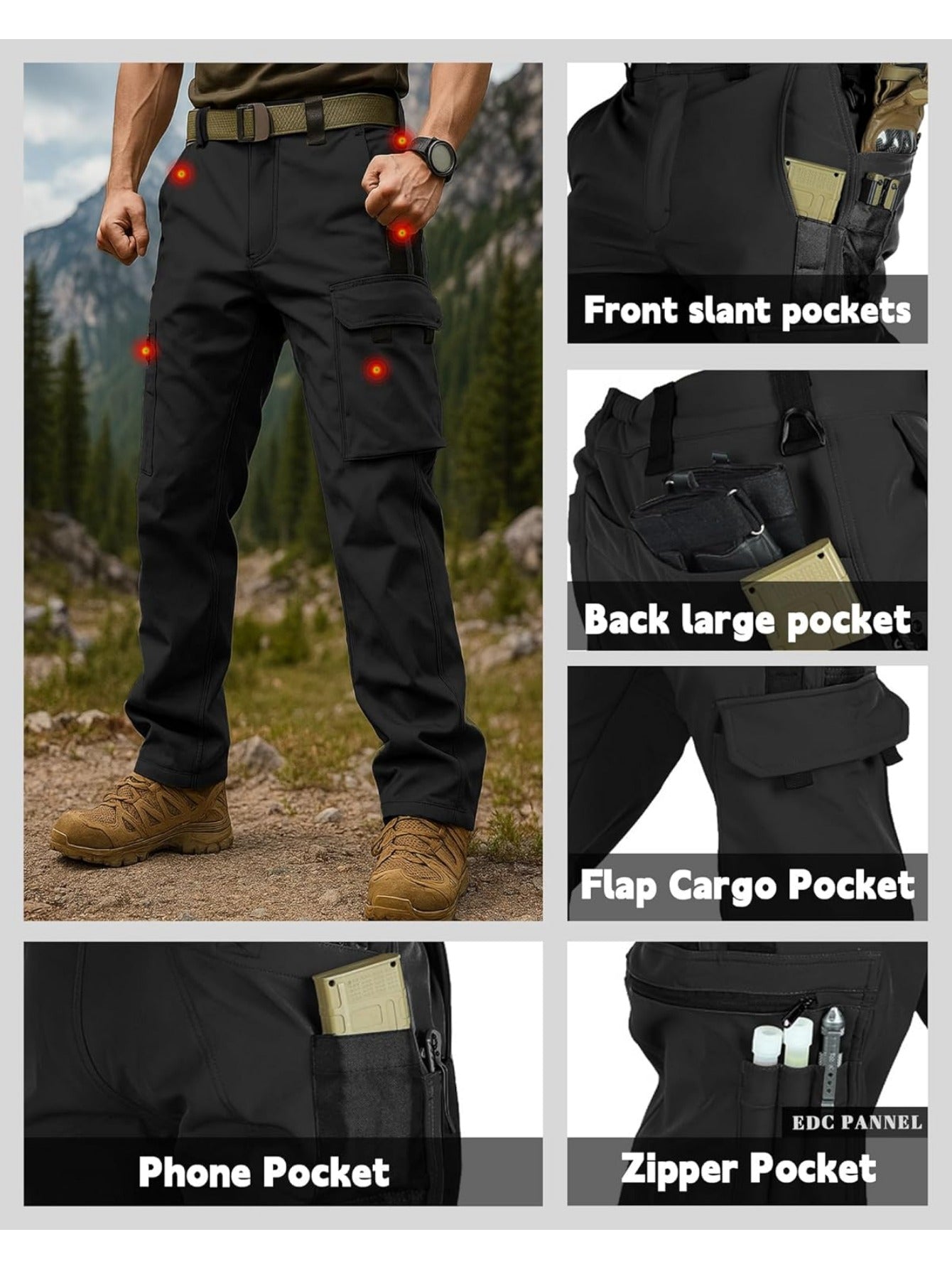 Men'S Fleece Lined Snow Ski Pants Windproof Softshell Tactical Pants Winter Outdoor Hiking Fishing