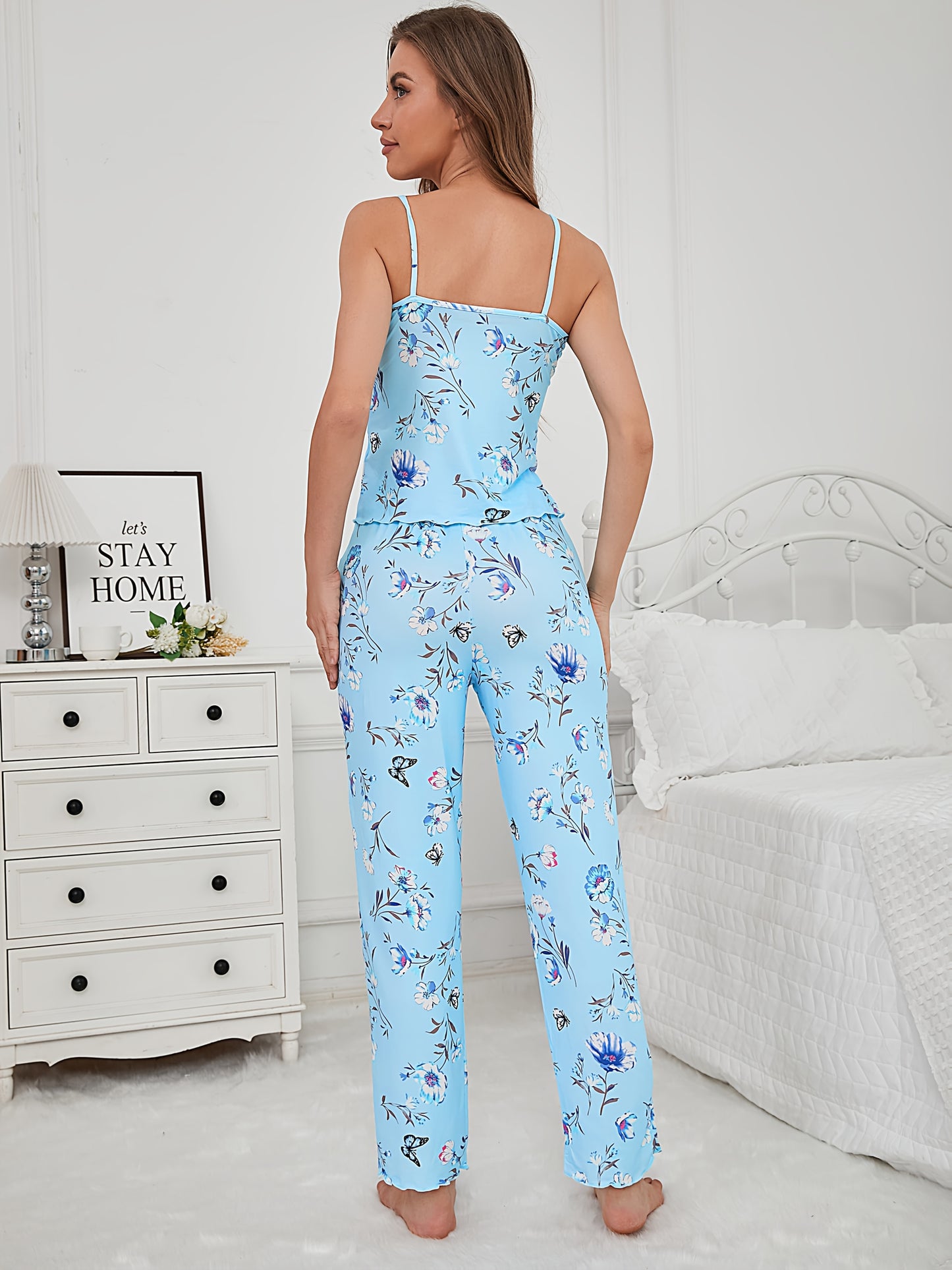 3pcs Floral And Butterfly Print Pajama Set - Long Sleeve Belted Robe & Cami Top & Pants Lounge For All Seasons