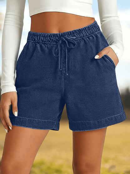 Loose And Stylish Casual Shorts, Solid Color with Elastic Waist, Five-pocket Jeans Shorts