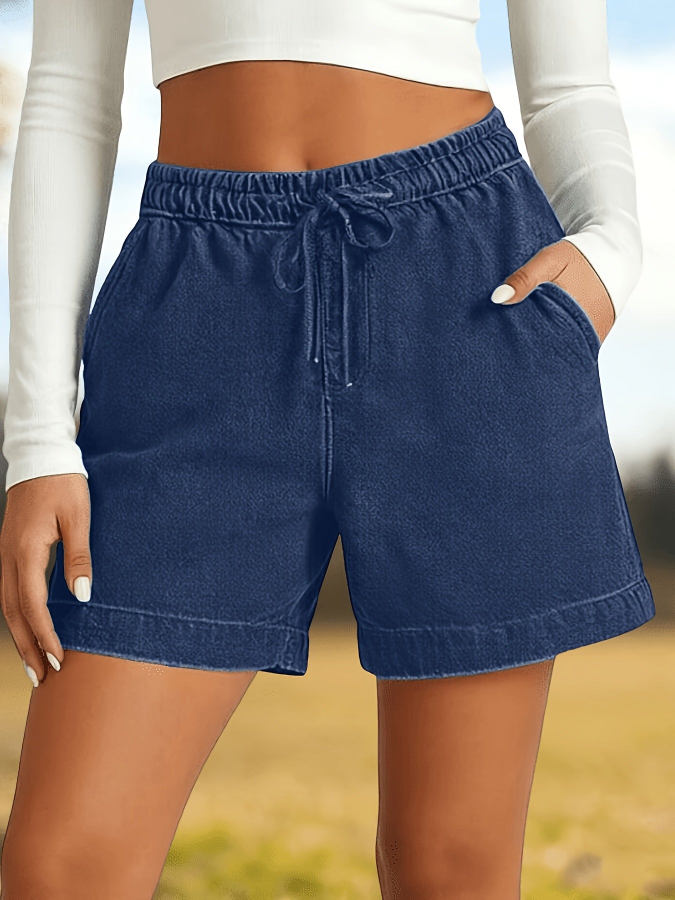 Loose And Stylish Casual Shorts, Solid Color with Elastic Waist, Five-pocket Jeans Shorts