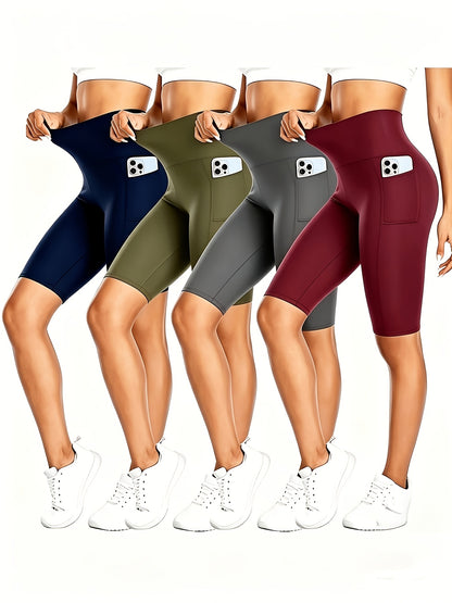 4pcs Women's High-Waisted Yoga Shorts with Pockets, Stretchy Fitness Running Cycling Workout Shorts with Tummy Control