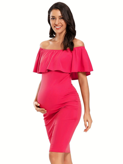 Women's Maternity Dress Off Shoulder Ruffle Sleeveless Bodycon Dress for Baby Shower