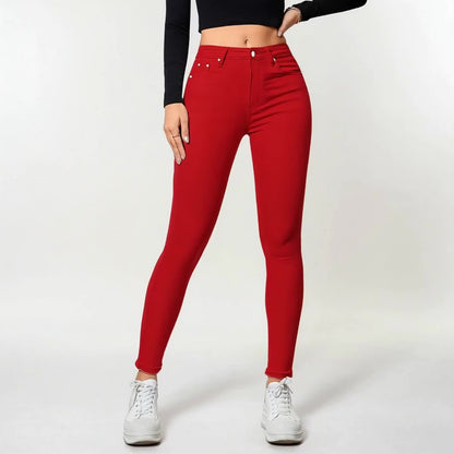 Womens Red High Waisted Skinny Jeans with Multiple Rivet Details High Elasticity Stretch Denim Pants Tummy Control Slim Fit Booty Lifting Design Soft Comfortable Machine Washable Summer New Arrival Casual Casual Attire Versatile Wardrobe Essential