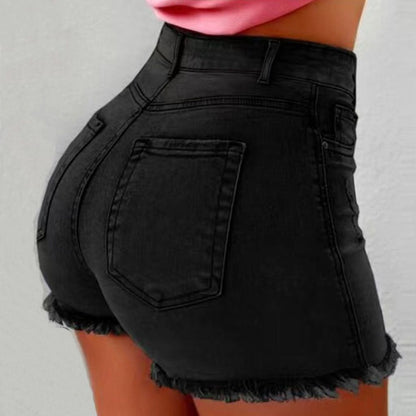 Stylish Women's High-Waist Denim Shorts with Frayed Hem & Fringe Detail, Soft Viscose Fabric, Slimming Fit, Essential Spring & Summer Hot Pants, Casual Five-Pocket Design, Jean Shorts