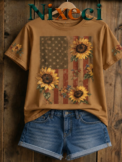 Nixeci Brand Men's Novelty Sleepwear Flag Sunflower Floral Graphic Cotton T-Shirt, Casual Graphic Tee for Summer Outfit, Streetwear Casual Attire, Trending Gift Idea