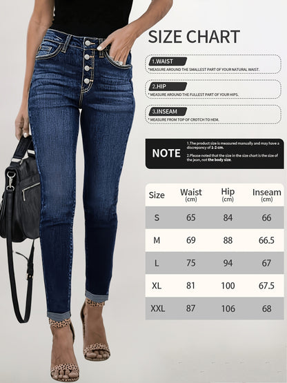 Women's Casual Mid-Waist Elastic Stretch Skinny Jeans - Single Breasted Button Closure, Machine Washable Denim Pants with Pockets, Solid Black All-Season Tight-Fit for Casual Attire, Elastic Waist Jeans, Versatile Clothing, Durable Fabric