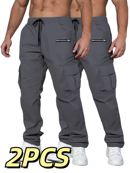 2pcs Men'S Fashion Cargo Pants, Casual Hiking Trousers, Breathable Comfortable Loose Straight Trousers with Multiple Pockets for Spring, Summer, Fall, Winter - Polyester