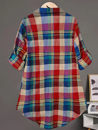 Plus Size, Large Size Spring Summer Women's Fashion New Daily Casual Plaid Long Sleeve Button Ladies Shirt