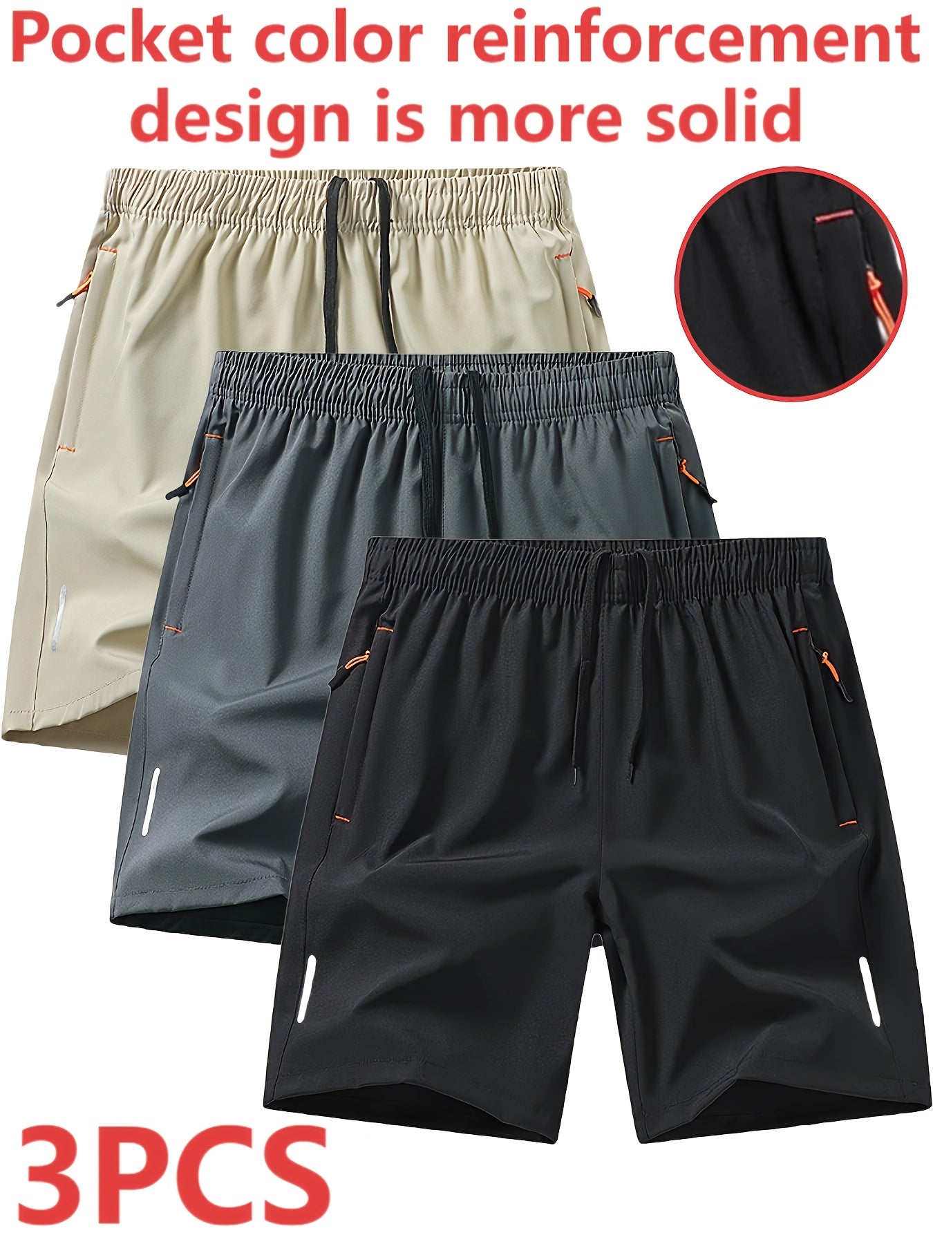 3pcs Men'S Stylish Athletic Shorts, Black Drawstring Design, Zipper Pockets, (Includes Wristband)Ideal For Summer Workouts And Outdoor Activities, Plus Size Shorts