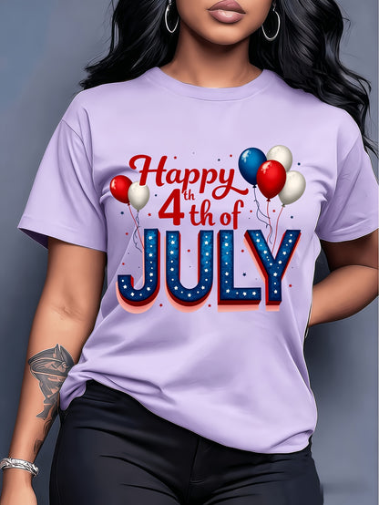 Plus Size - Plus Size - Plus Size - American Retro Style Happy 4Th of July Balloon Print Short-Sleeve T-Shirt, Fresh And Stylish, for Women, Spring And Summer, Casual And Versatile, Comfortable And Breathable, Machine Washable, Perfect for Home