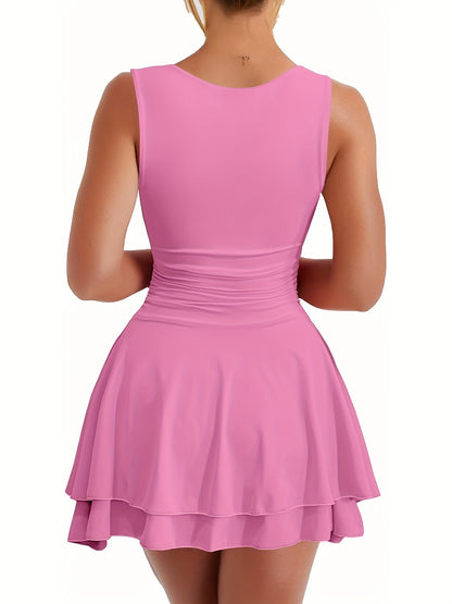 Women'S Square Neck Ruffle Hem Mini Dress Pleated Waist Short Party Dress