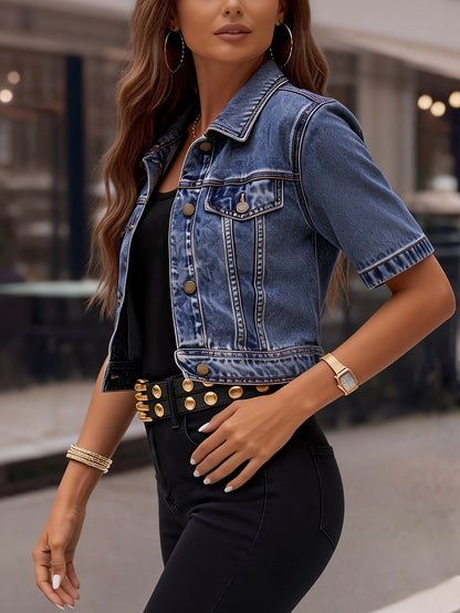 Women's Denim Jacket, New 2026 Vintage Washed Lightweight Short Cropped, Dark Blue, Regular-Shoulder Turn-Collar