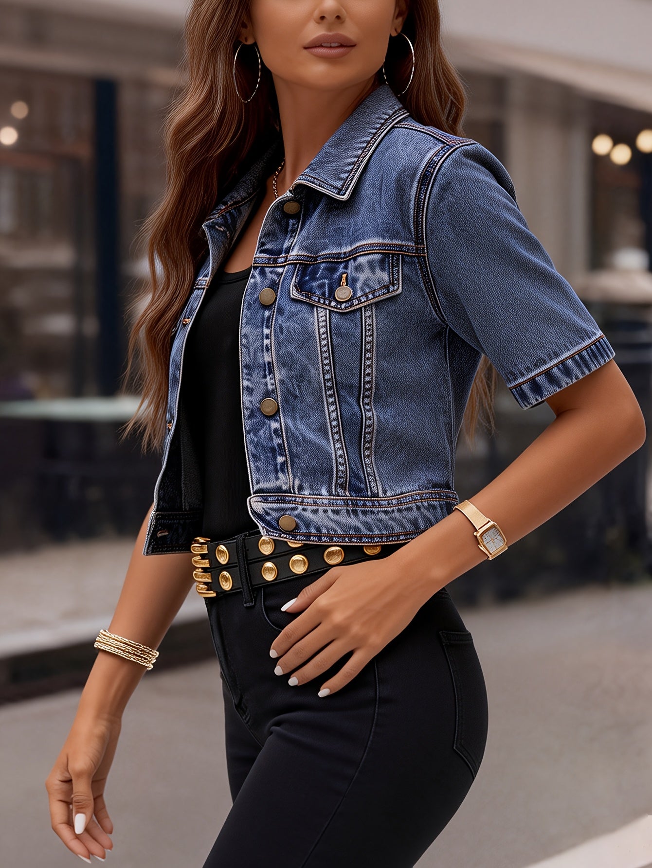 Women's Denim Jacket, New 2026 Vintage Washed Lightweight Short Cropped, Dark Blue, Regular-Shoulder Turn-Collar