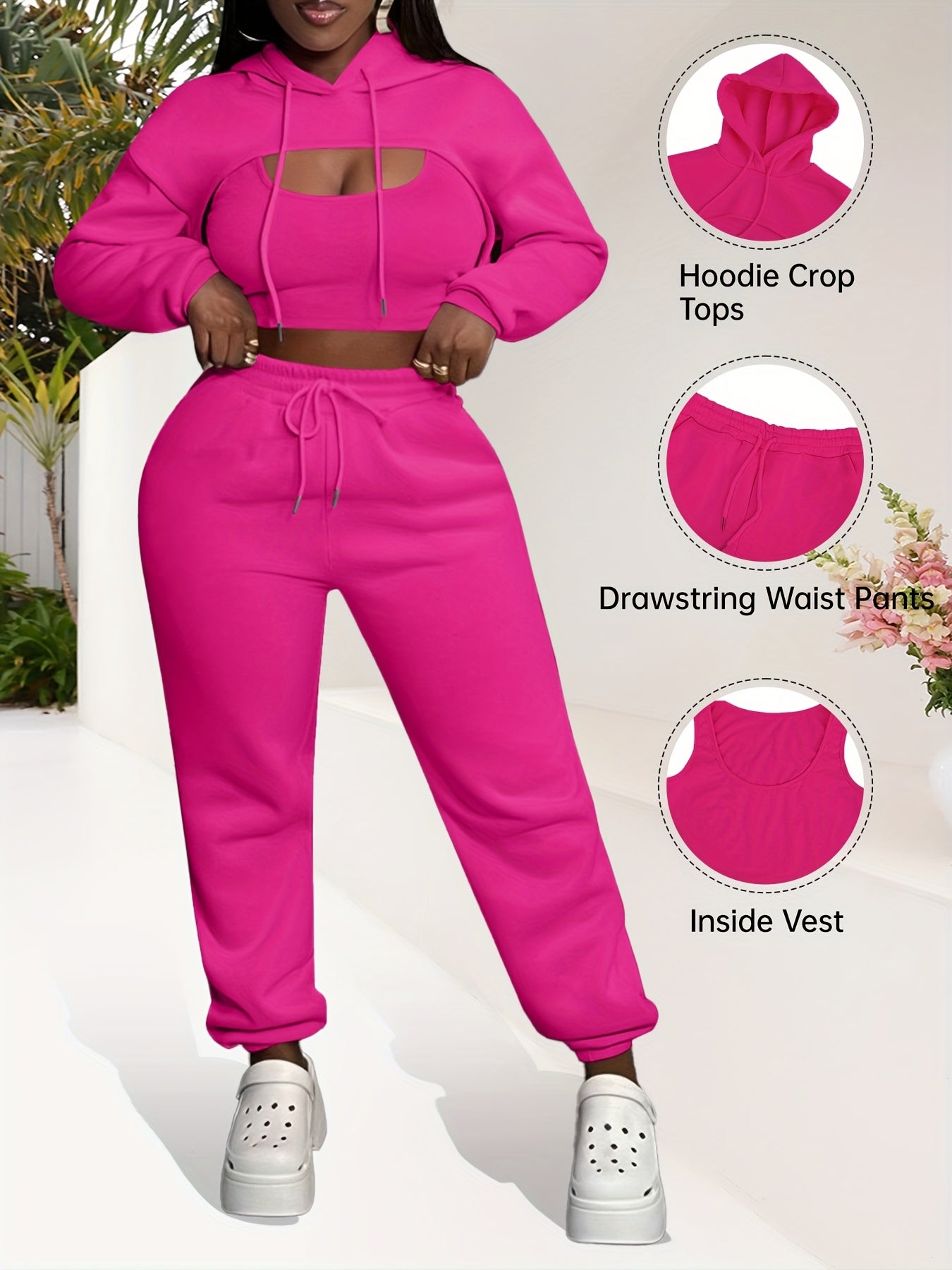 Women'S 3pcs Sweatsuits Sets Sexy Super Cropped Hoodie Tank Top And High Waisted Jogger Sweatpants Matching Loungewear Athleisure Outfits