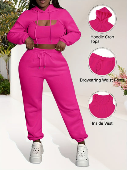 Women'S 3pcs Sweatsuits Sets Sexy Super Cropped Hoodie Tank Top And High Waisted Jogger Sweatpants Matching Loungewear Athleisure Outfits