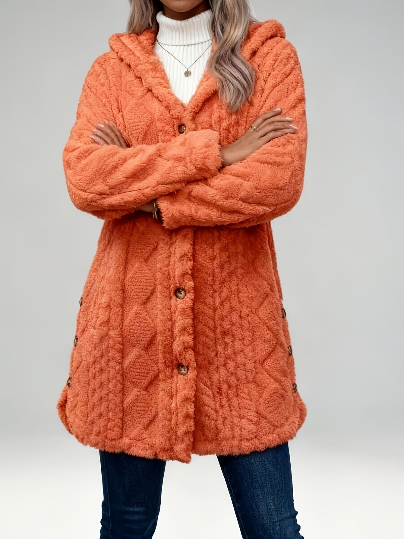 Hooded Fuzzy Coat Mid-Length Jacket with Buttons Soft Warm Winter Fall Outfits 5 Colors