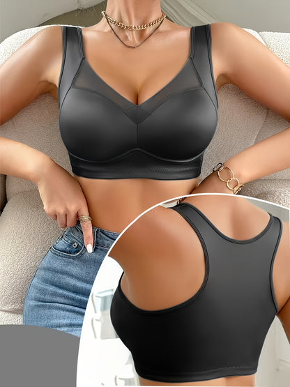 1pc High-quality Satin Fabric Women'S Bra | Wireless, Front Buckle Design, Strong Support, Comfortable Gather, Suitable for Daily and Formal Wear, Non-removable Padding