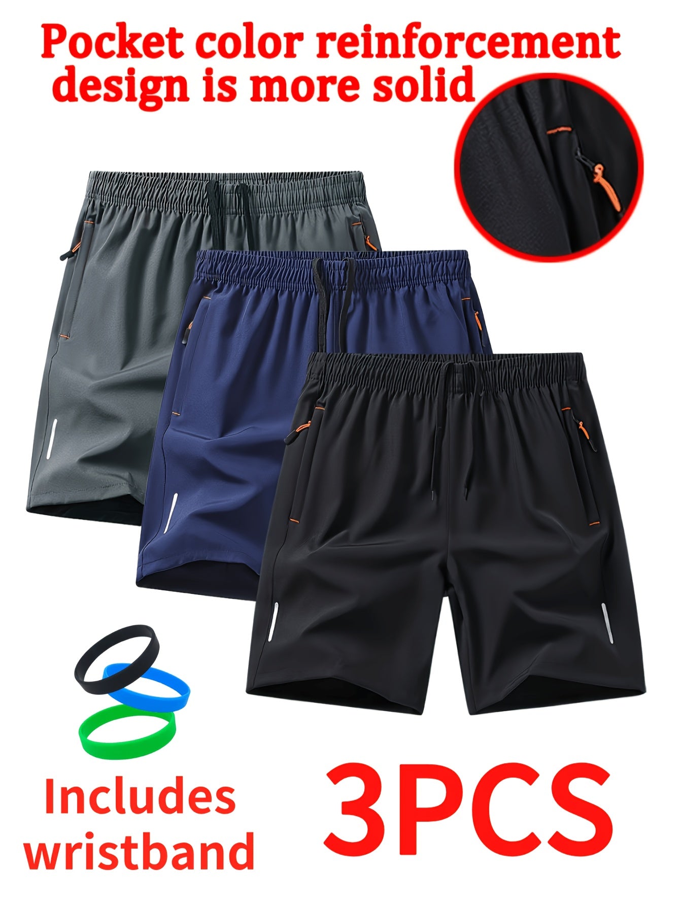 3 PCS Men's Stylish Athletic Shorts, Black Drawstring Design, Zipper Pockets, （Includes wristband）Ideal for Summer Workouts and Outdoor Activities, Plus Size Shorts
