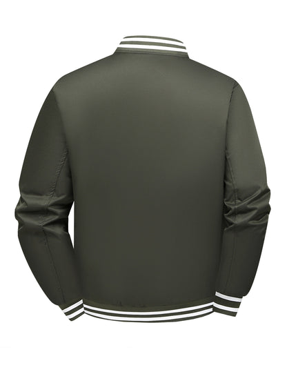 Men'S Plus Size Olive Green Varsity Jacket with Orange Accents - Thick, Warm, and Stylish for Fall/Winter, Baseball Collar, Button-Up Front, Side Pockets, Casual & Outdoor Wear, PLUS SIZE