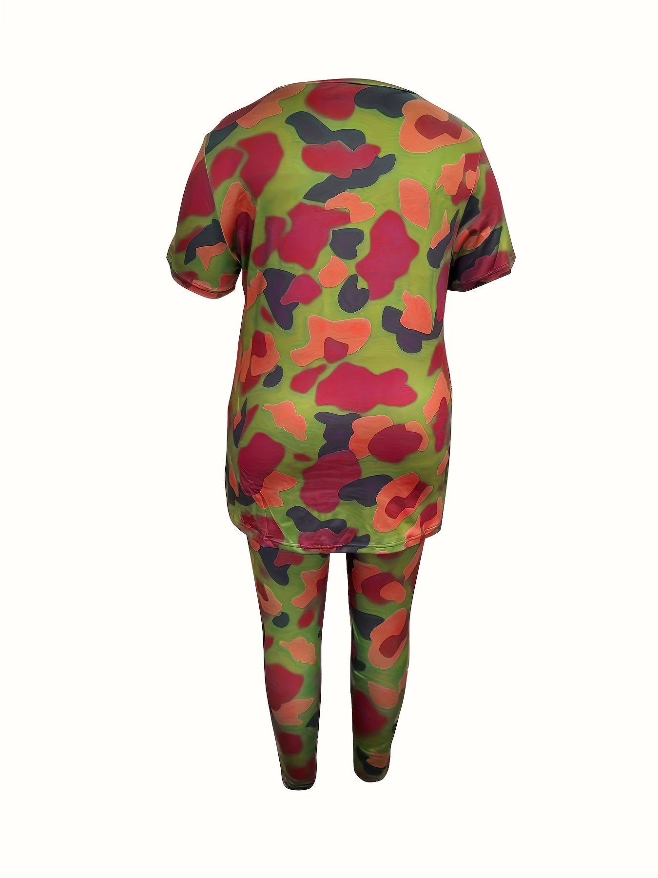 Plus Size Ladies' Fashion Short-Sleeved Trousers Two-Piece, Full-Body Camouflage Suit, Coat Side Split, Trousers with Pockets, Comfortable And Elastic Ladies' Daily Leisure Suit