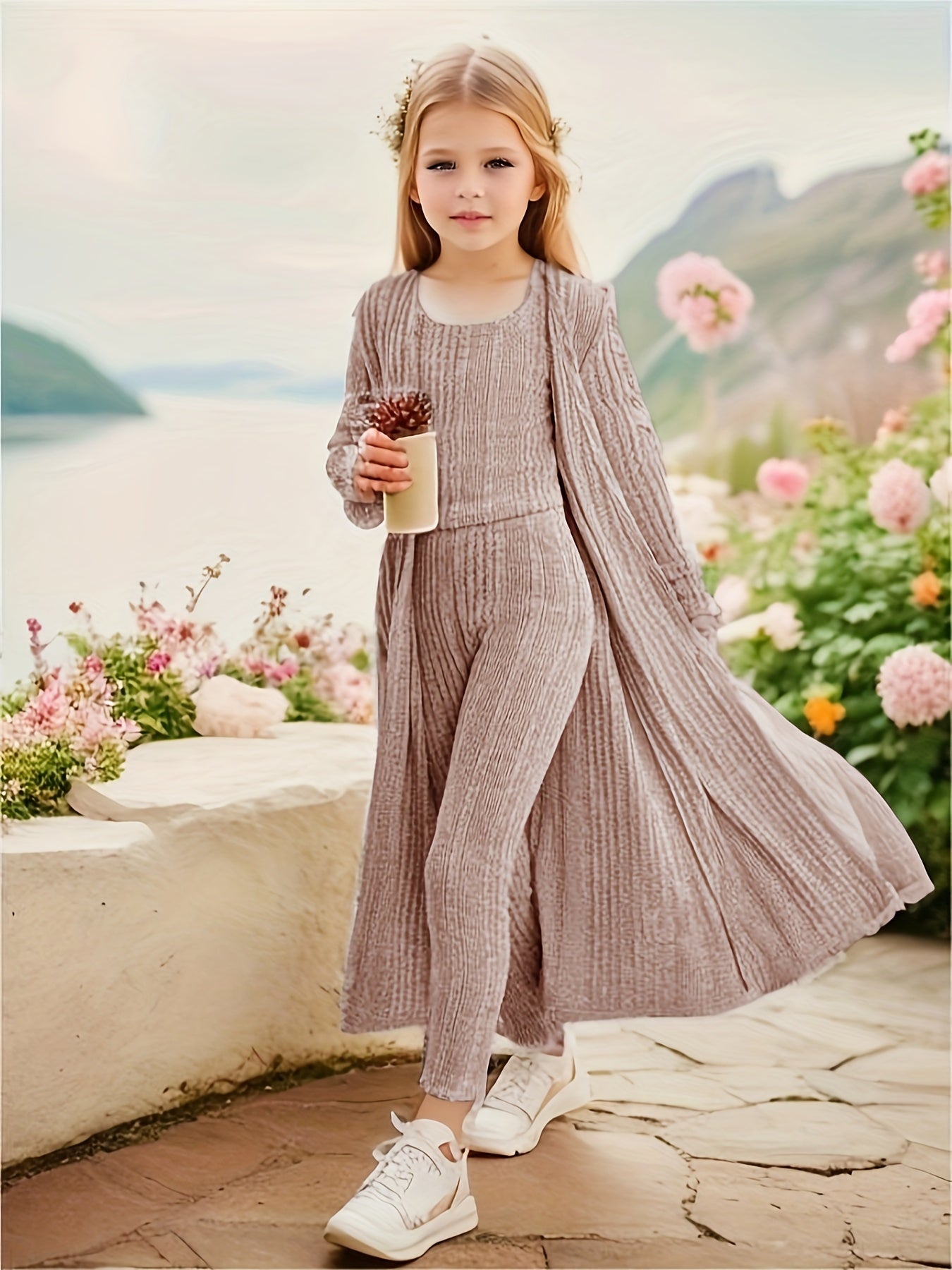 Stretchy Knitwear 3pcs Girls, Long Sleeve Shawl Knit Cardigan + Top + Leggings Kids Gift, perfect for casual outdoors & walking dog, Perfect for Outdoor