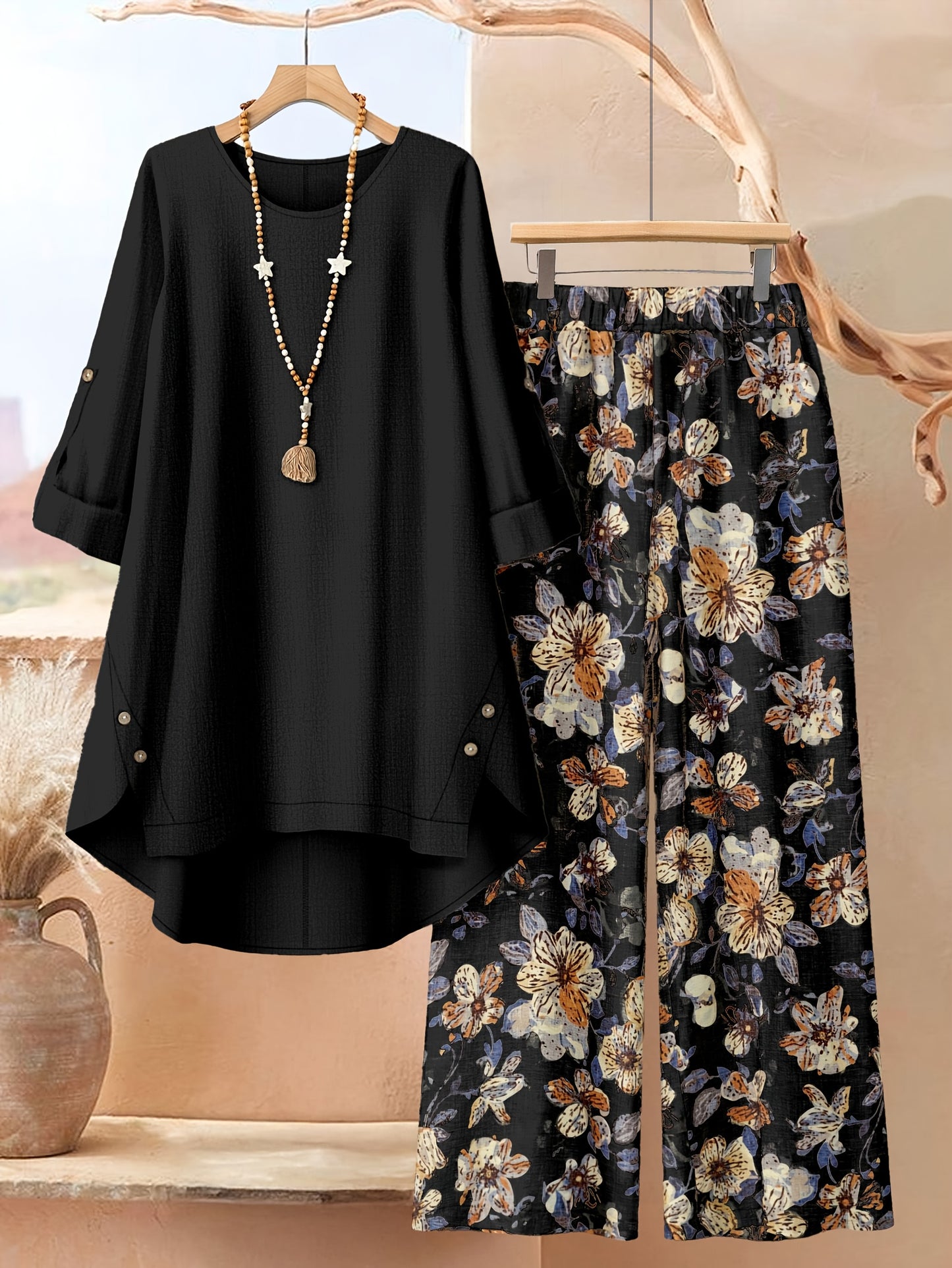 Plus Size, Plus Size - Plus Size - A Stylish 2pcs Ensemble Featuring Oversized Asymmetrical Button-Up Tops for Women, Matched with Printed Wide-Leg Trousers, Radiating Everyday Sophistication